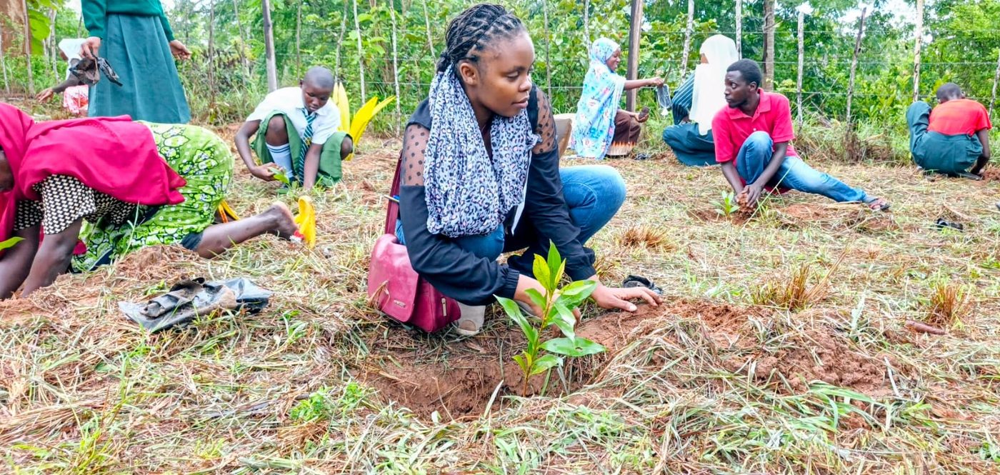 A young woman planting a seedling with others in the background