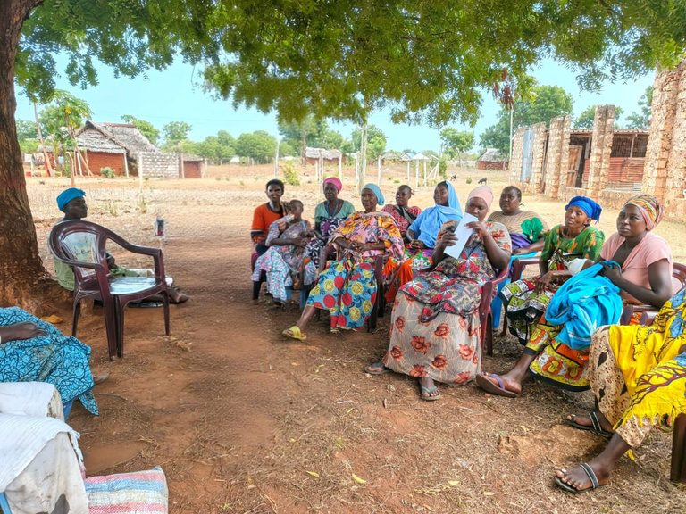 A women's group meeting under a tree