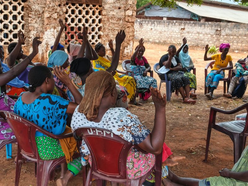 Women's group raising hands during a community outreach meeting